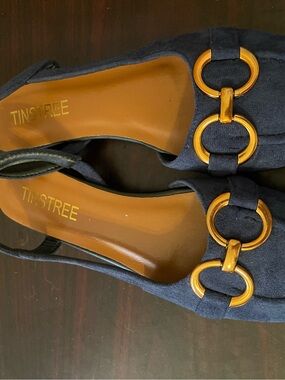 Navy Slingback Flats with Gold Ring Detail